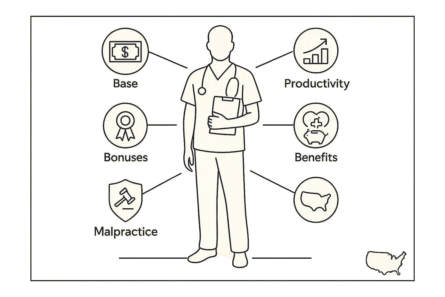 Physician assistant with clipboard linked to icons for salary, productivity, bonuses, benefits, malpractice of Physician Assistant Compensation Models Explained.
