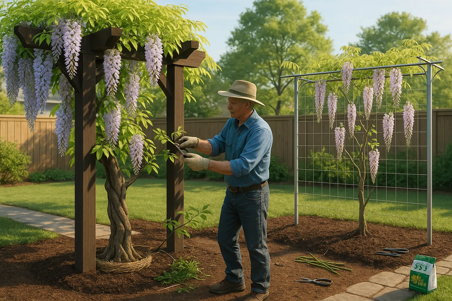 Two wisterias on different supports, gardener pruning sinensis under morning sun.