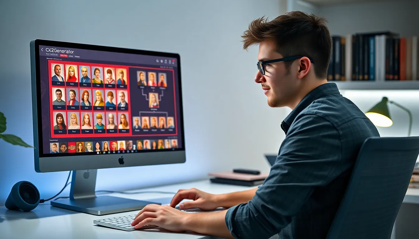 Benjamin Pearce at a modern desk showcasing CK2Generator for Crusader Kings II.