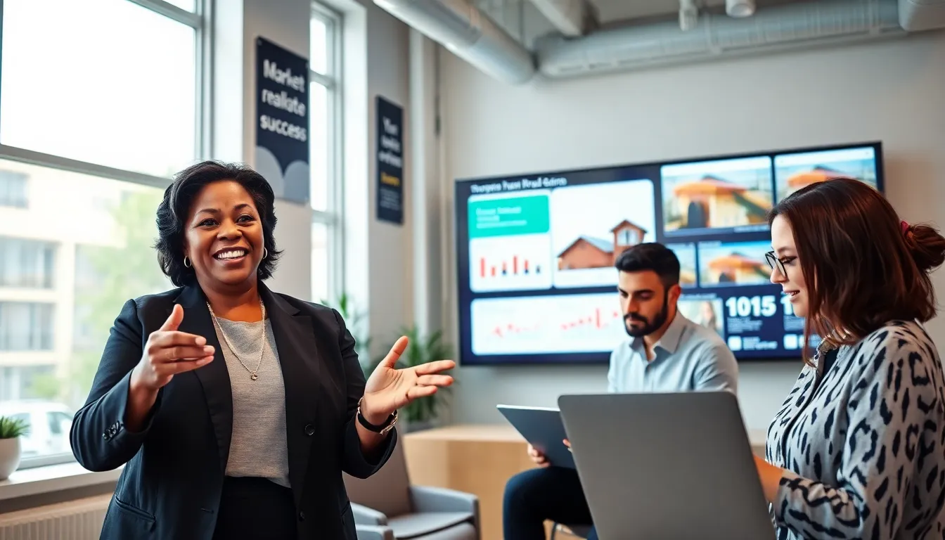 a diverse team collaborating in a modern real estate office.