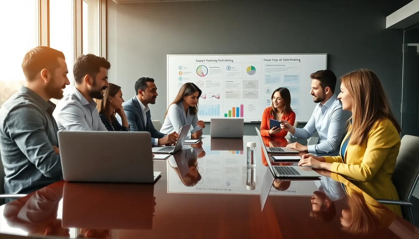 diverse team collaborating on digital marketing strategies in a modern office.