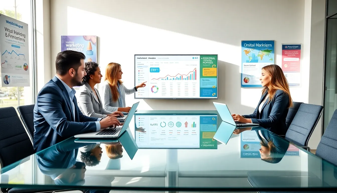 diverse team discussing digital marketing strategies in a modern office.