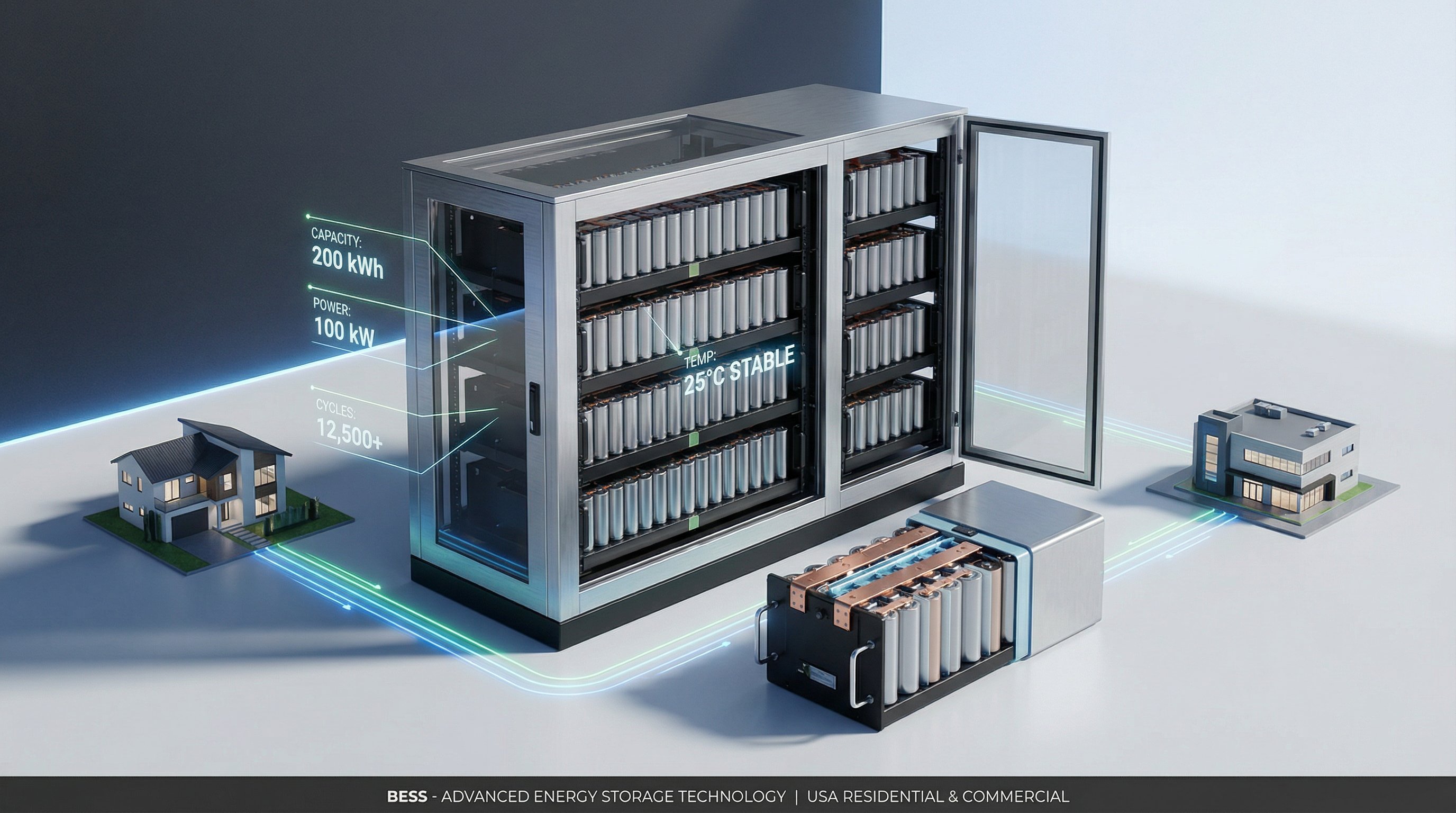 3D render of BESS battery storage system with internal components and data displays.