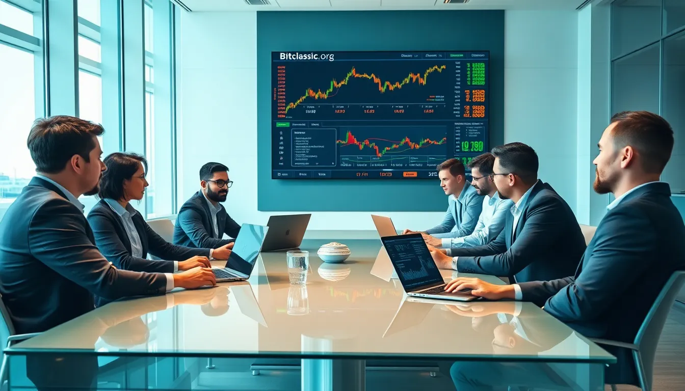 diverse team discussing cryptocurrency in a modern office.