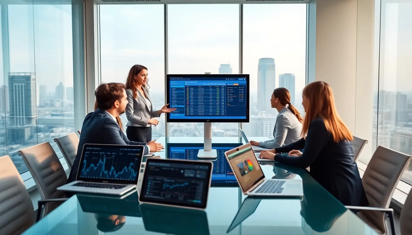 professionals collaborating on sportsbook technology in a modern office.