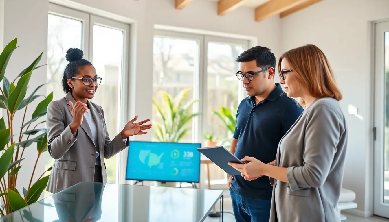 A diverse group collaborating on energy management in a modern office.