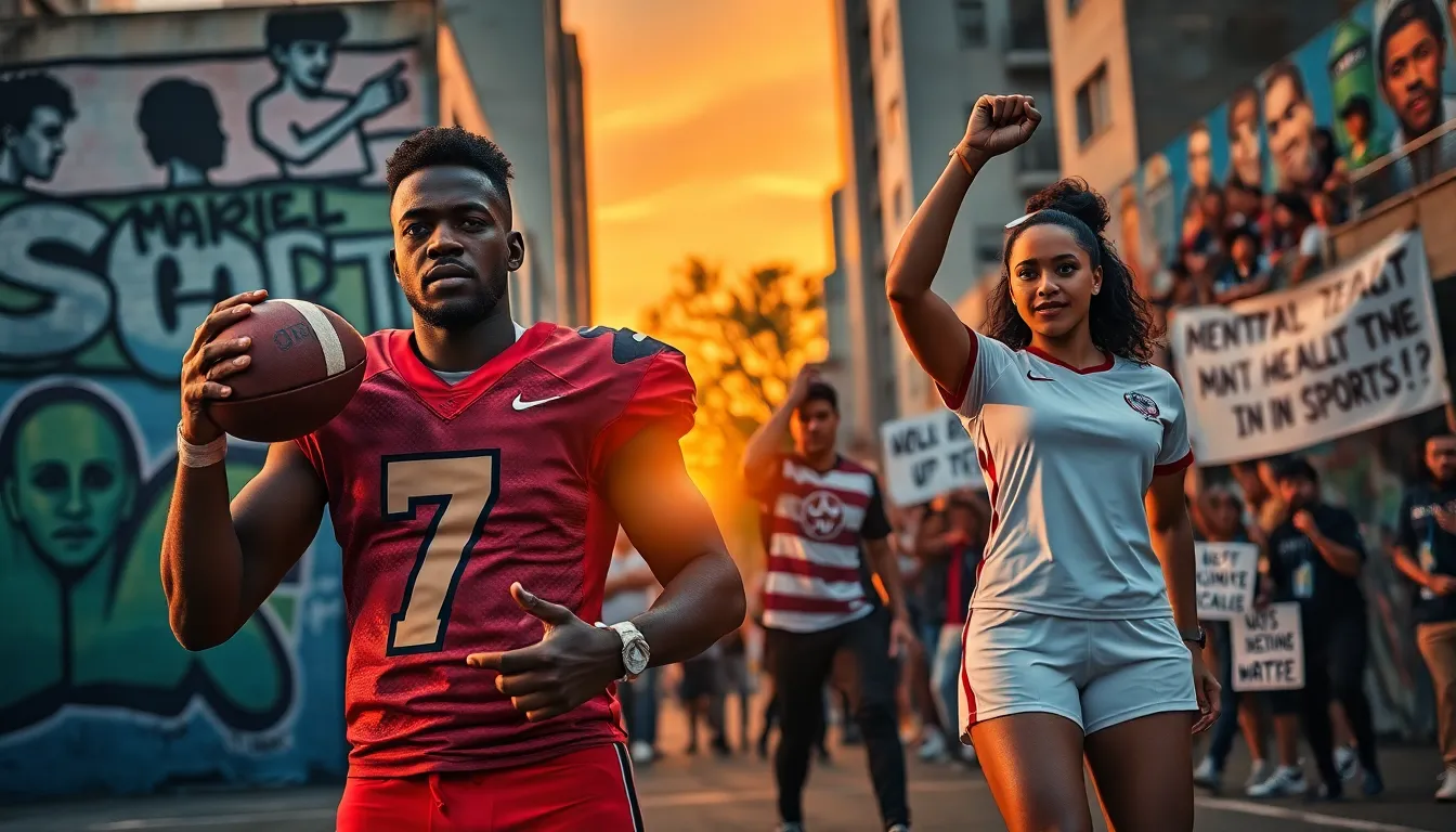 diverse athletes symbolizing the intersection of sports and culture in a city setting.