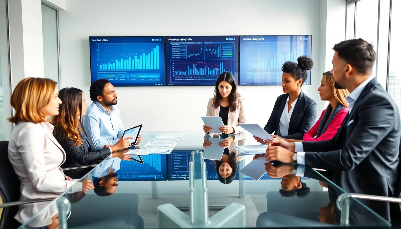 diverse team discussing data management in a modern office.