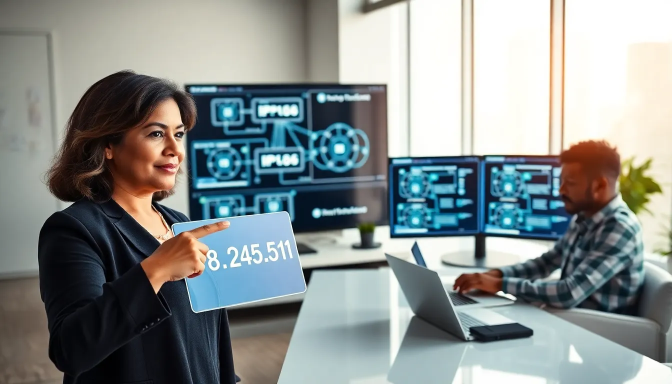diverse IT professionals discussing an IP address in a modern office.