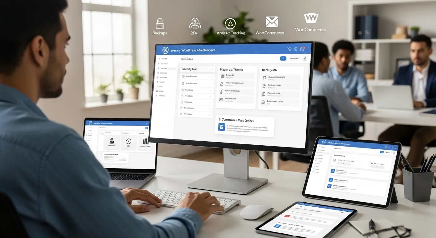 Web professional following a structured weekly WordPress maintenance checklist on a modern desktop.