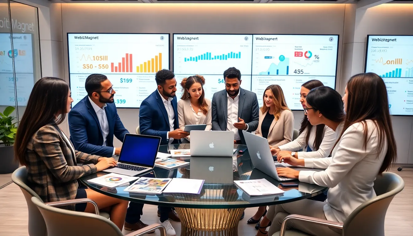 diverse team discussing digital marketing strategies in a modern office.