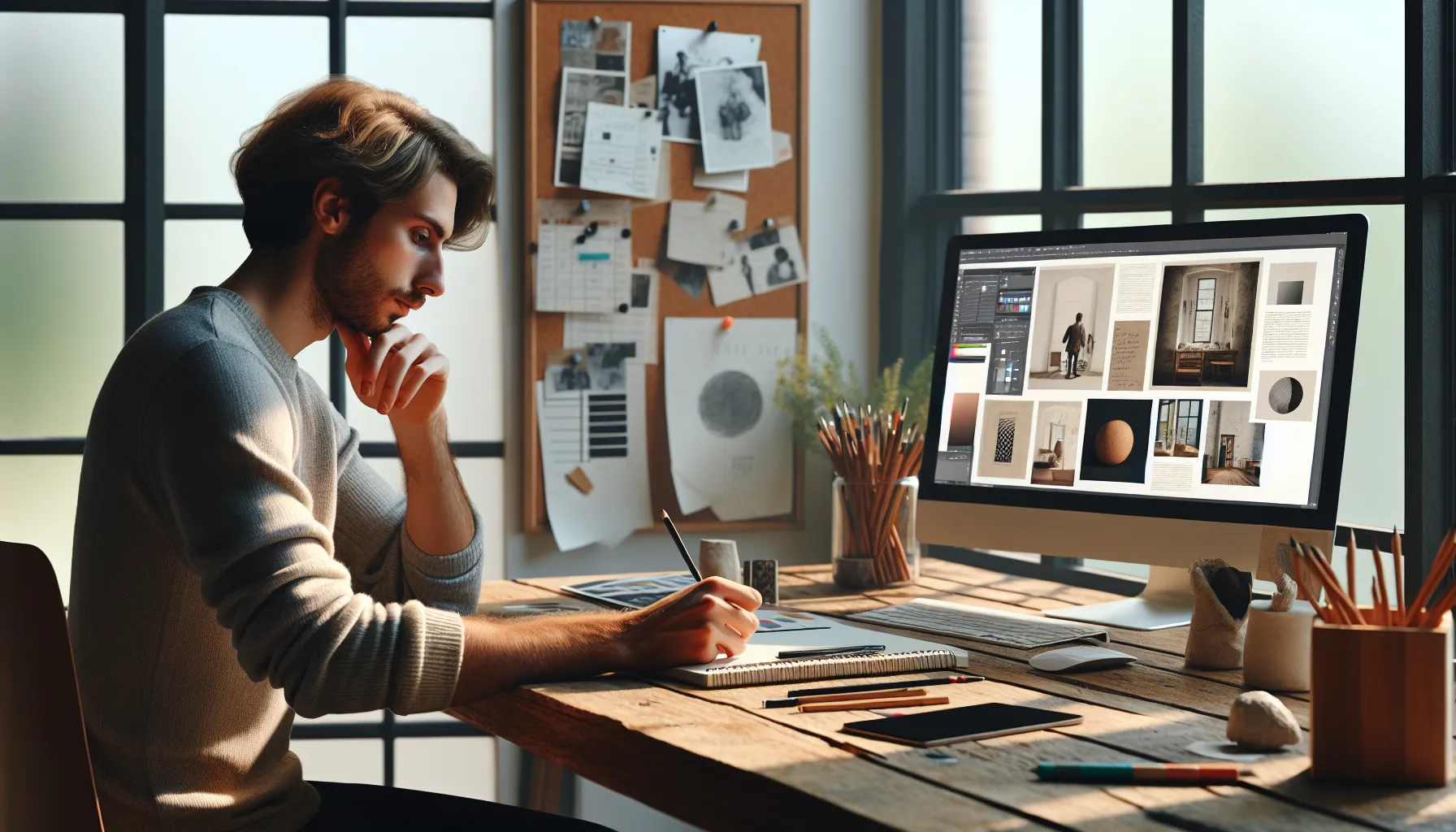 Kreativitet i grafisk arbeid: inspirasjon fra kunstverdenen 3 Norwegian designer refining a poster with art-inspired colors and textures on screen.