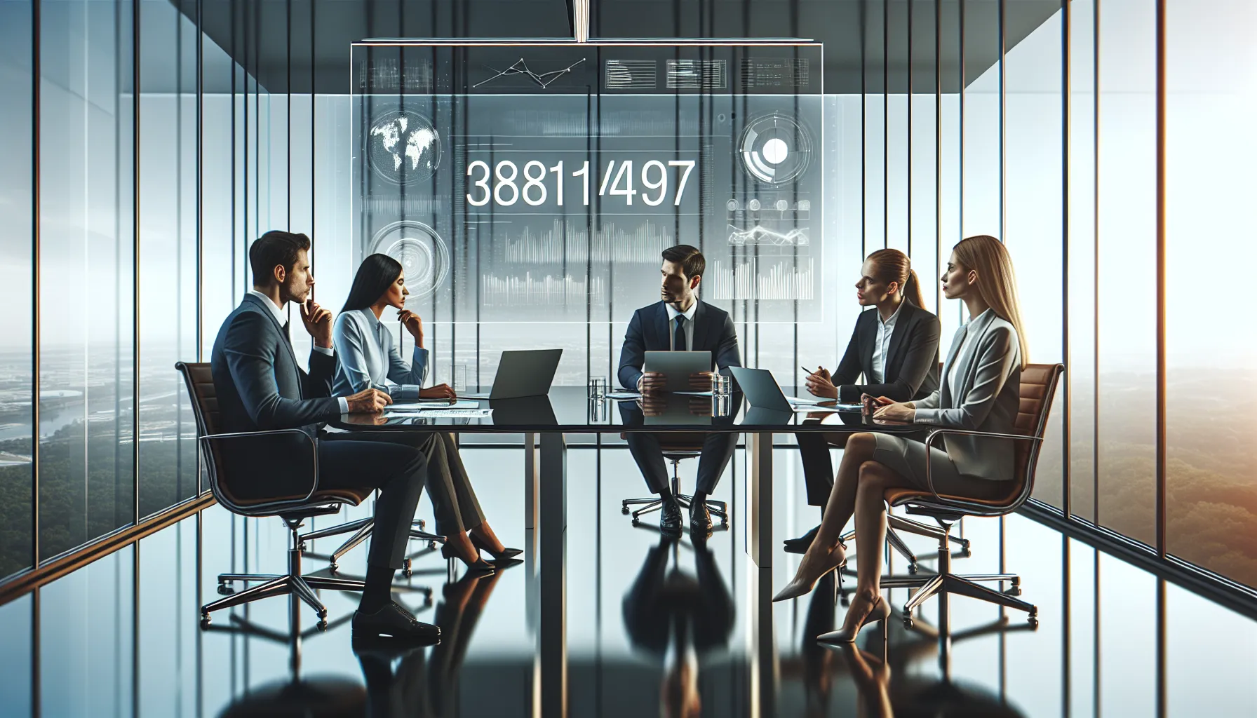 professionals collaborating over the significance of a key number in an office.