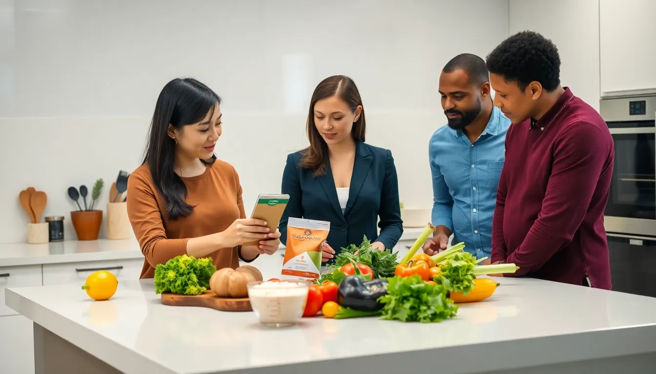 diverse group discussing glucomannan in a modern kitchen.