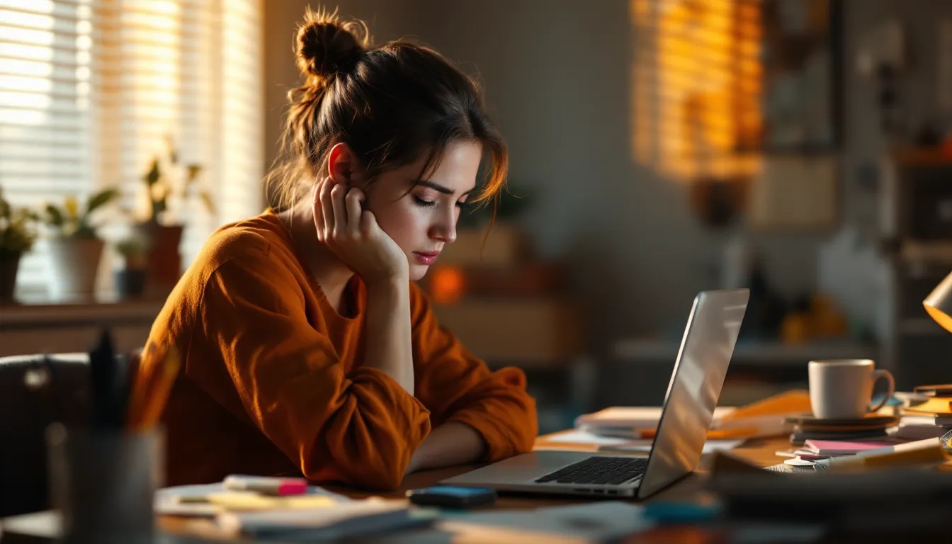 Woman sitting at a cluttered desk, looking frustrated at an unfinished task on her laptop.