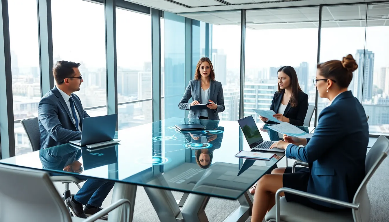 professionals collaborating in a modern conference room on digital solutions.