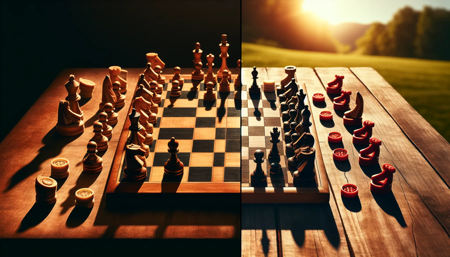 A scene contrasting chess and checkers showcases historical and gameplay differences.