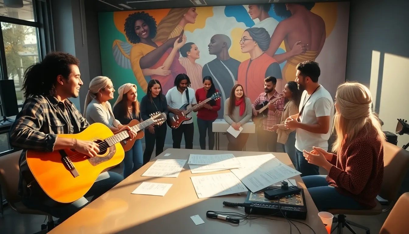 diverse musicians collaborating in a modern recording studio.