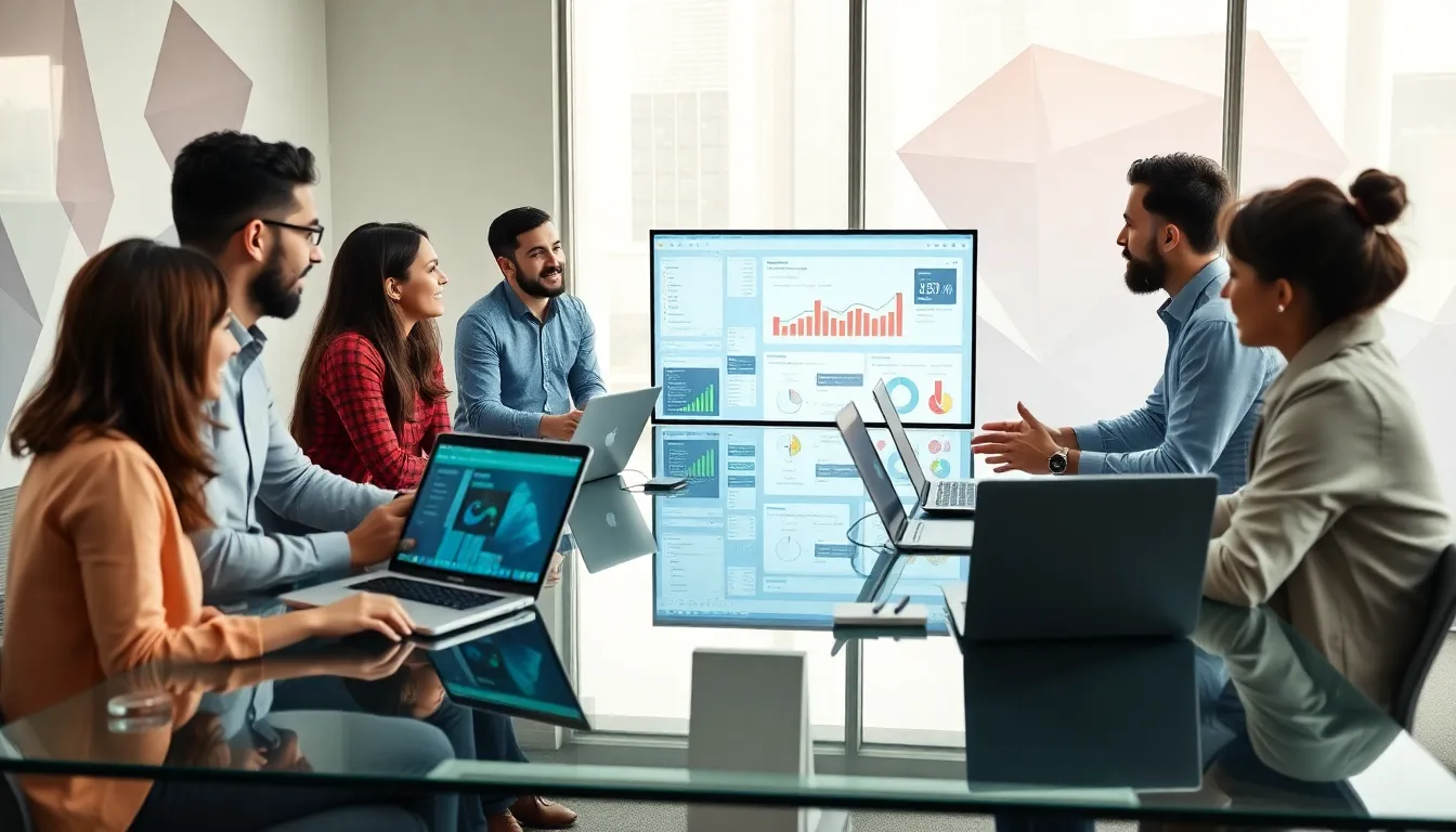 diverse team discussing automation tools in a modern office.