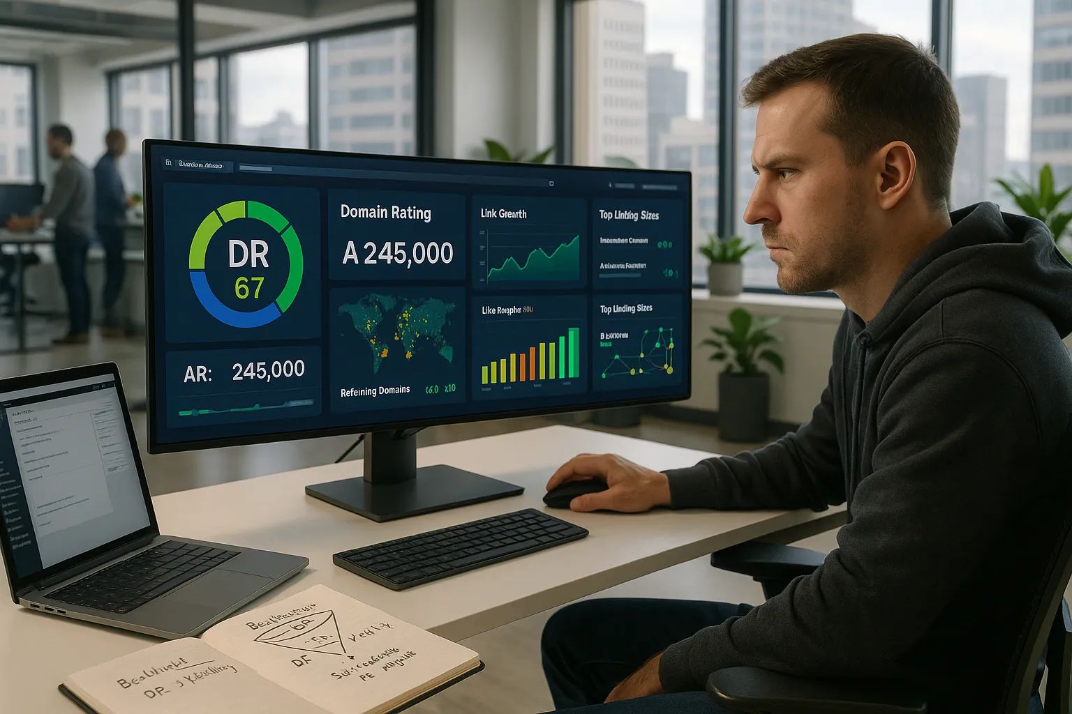 SEO specialist analyzing Ahrefs Domain Rating and Rank metrics on a computer screen.