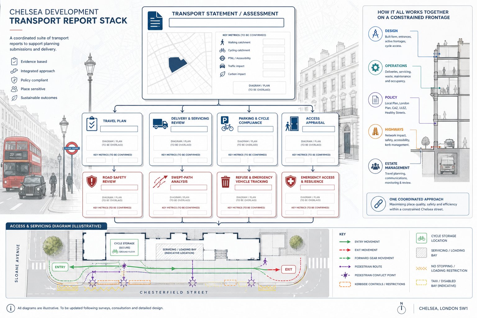 Infographic of transport reports, travel plans, access and servicing for Chelsea projects.