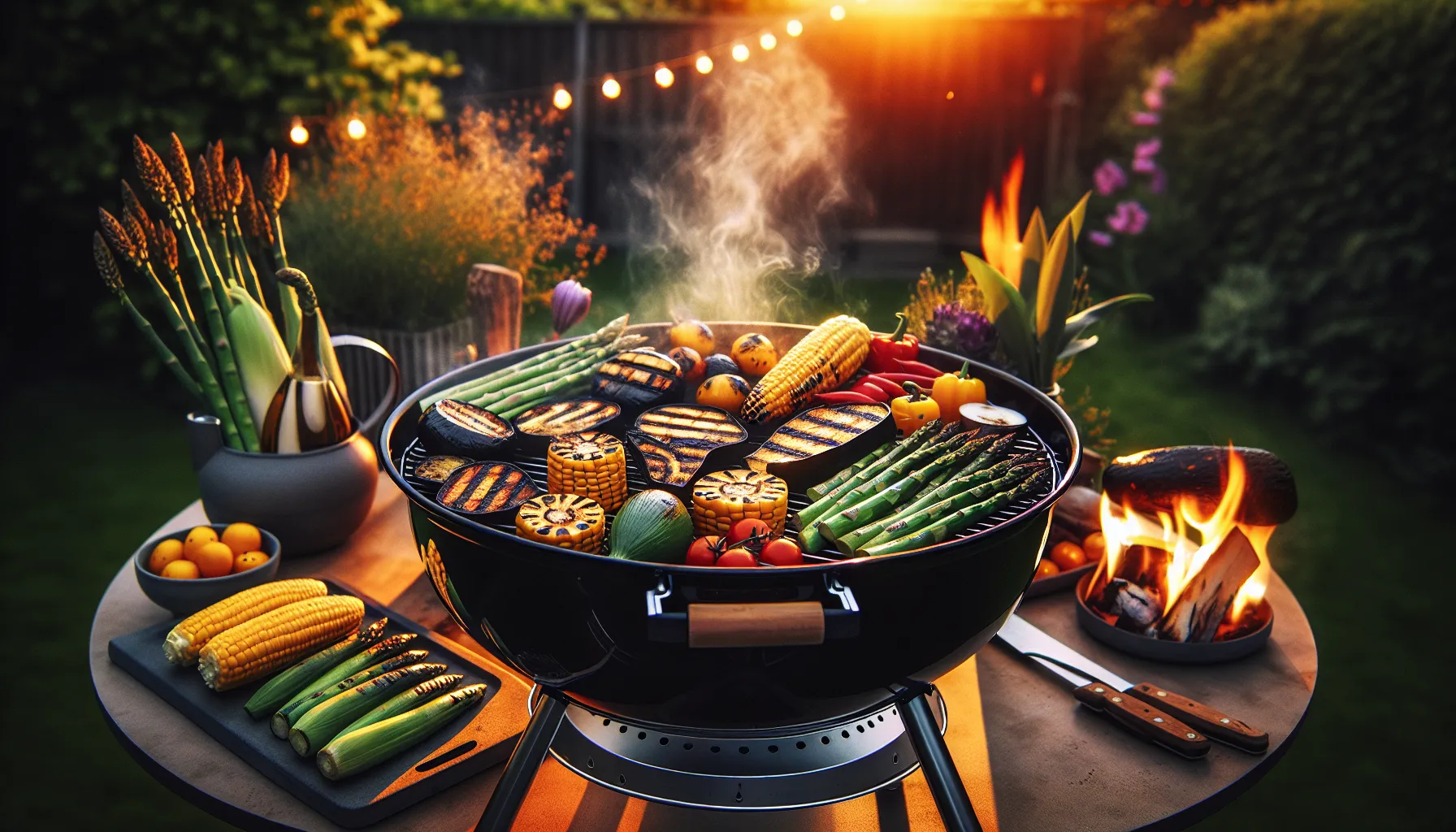Two-zone grill searing assorted norwegian summer vegetables at golden hour.