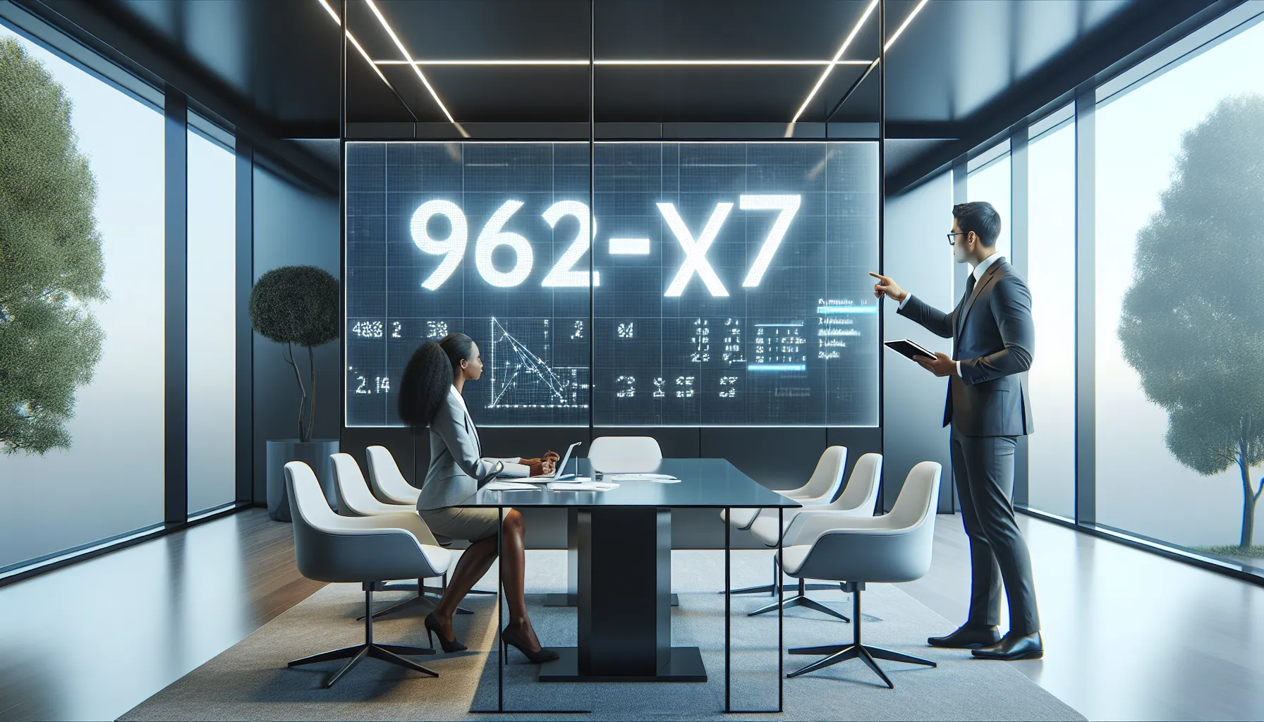 two professionals discussing a calculation in a modern office.