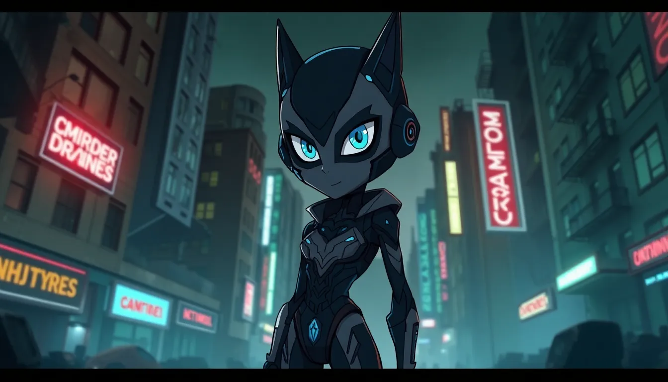 Cyn from Murder Drones in a futuristic, dystopian urban setting.