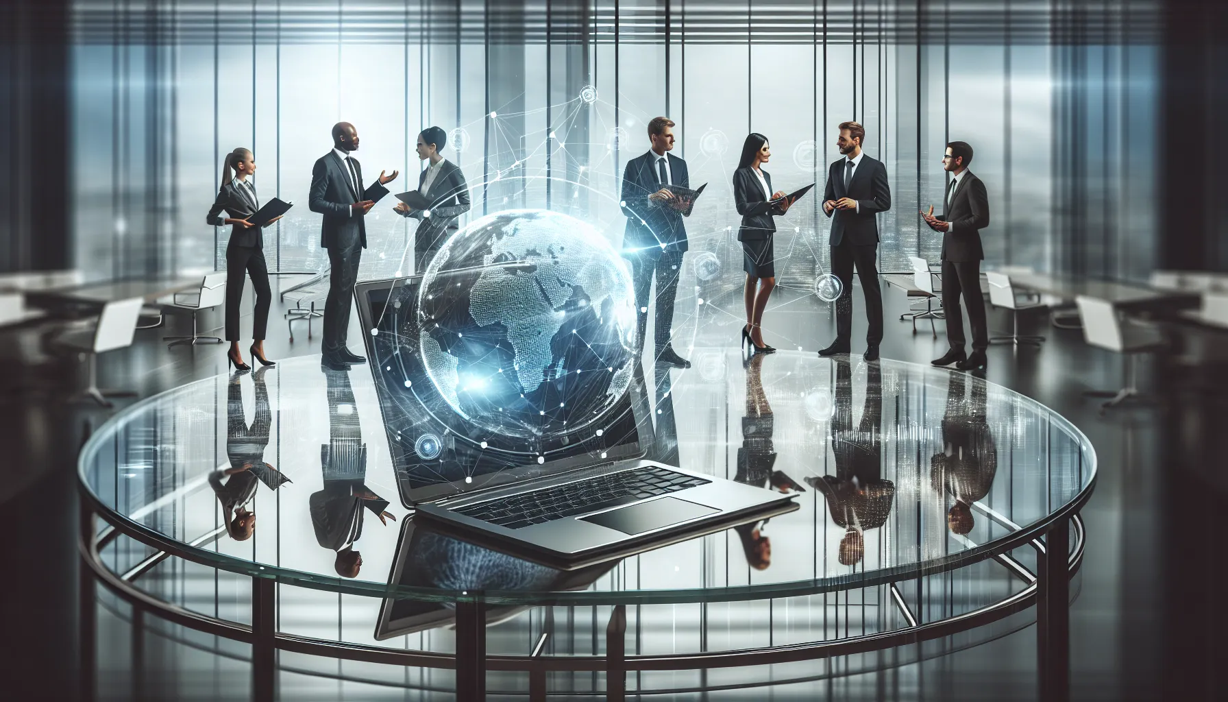 Asus laptop in a modern office with professionals discussing technology.