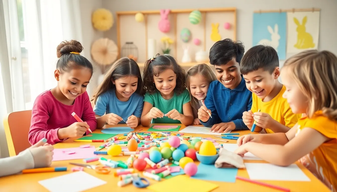 children creating DIY Easter crafts in a colorful setting.
