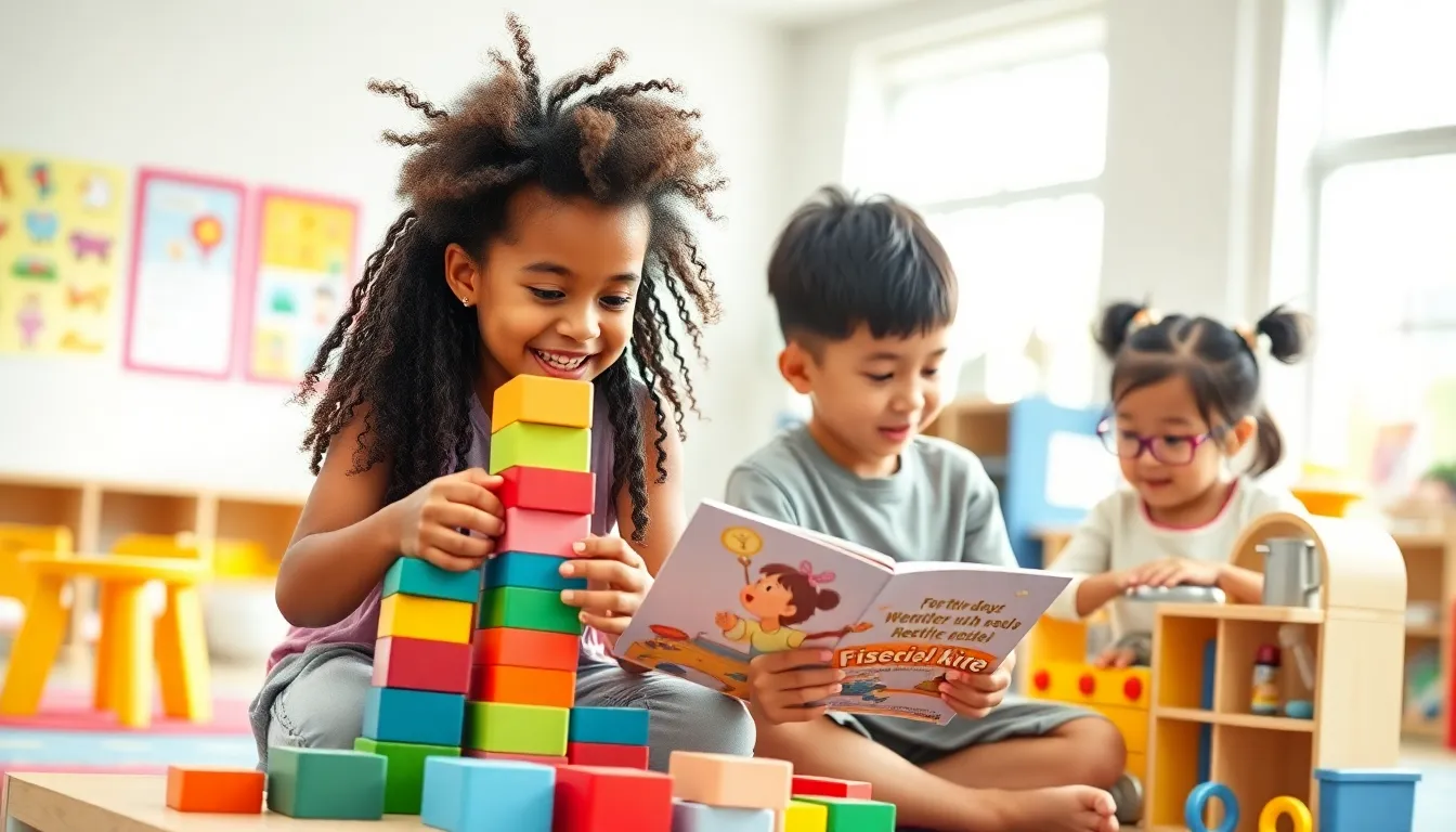 diverse children playing and learning in a colorful preschool classroom.