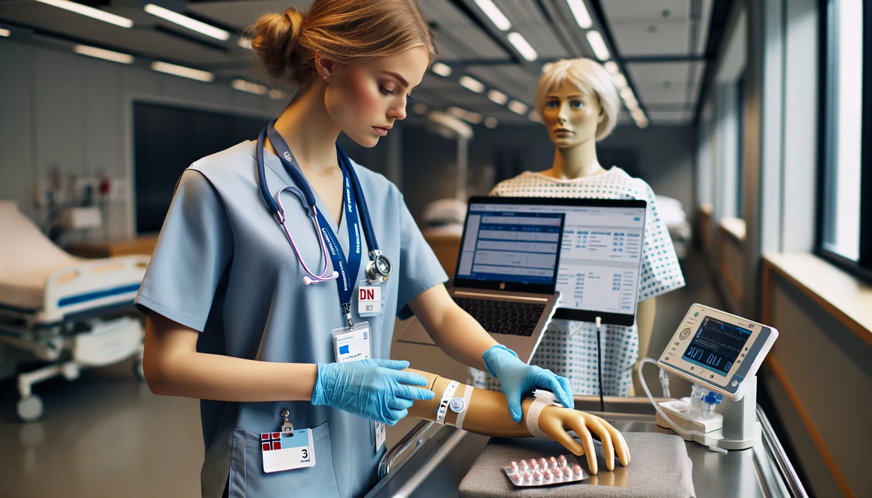 Nursing student in norwegian sim lab during osce medication safety assessment.