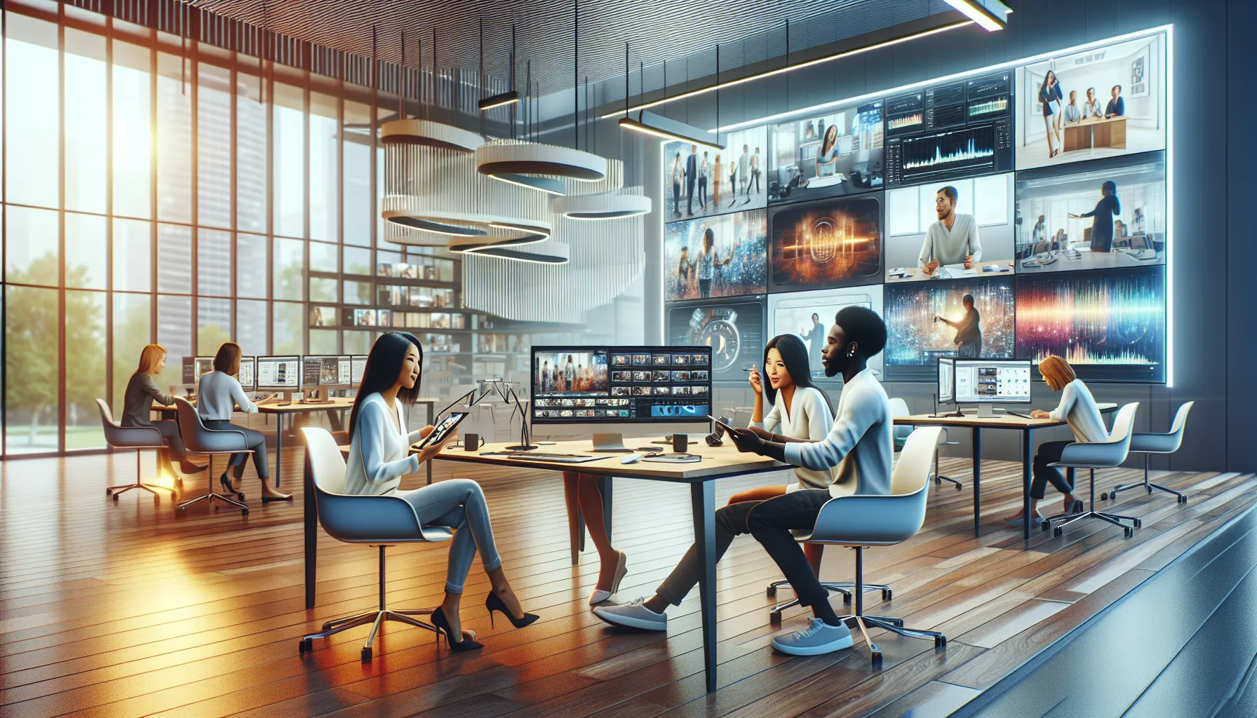 diverse team collaborating on digital content in a modern office.