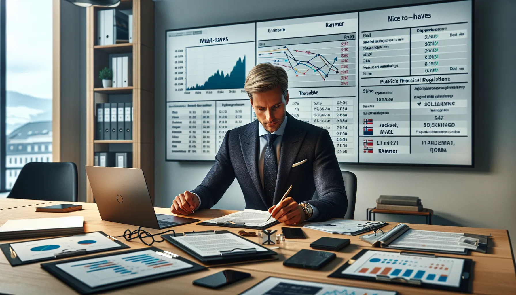 Norwegian negotiator carefully preparing strategy documents and data before a business meeting.