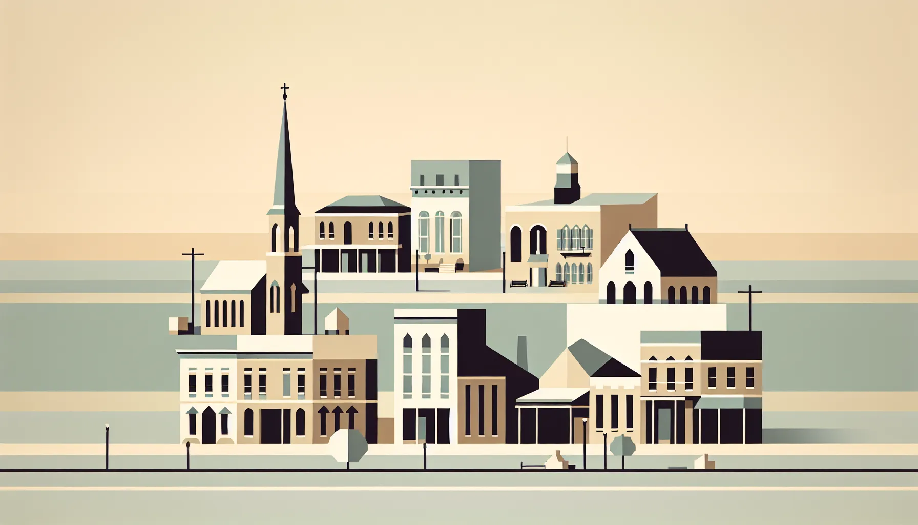 Minimalist illustration of a small Southern American town with simple buildings