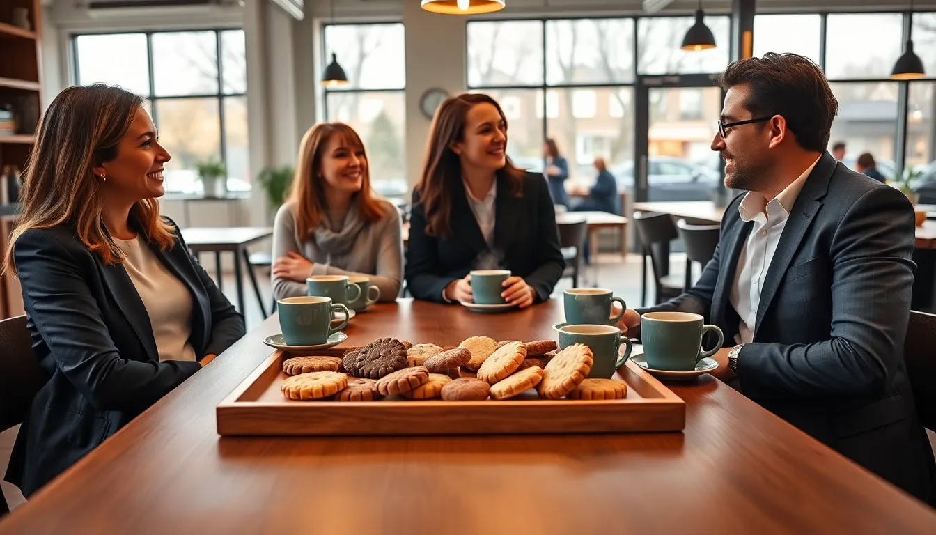 diverse group enjoying Dutch cookies in a modern café.