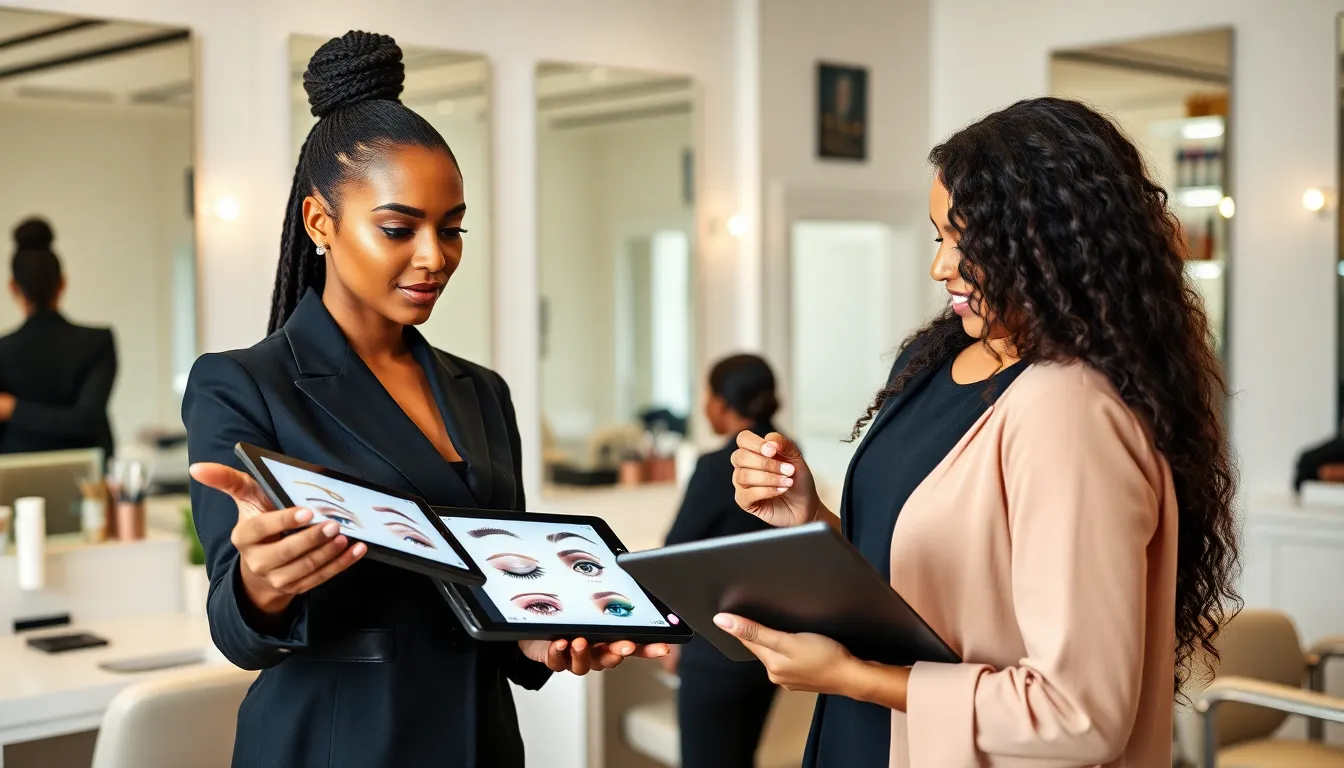 professionals discussing eyebrow shapes in a modern beauty salon.