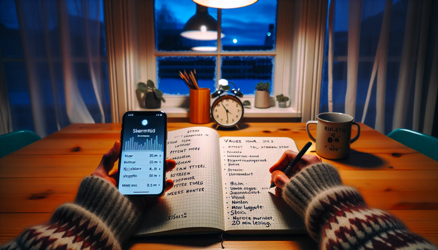 Person tracks screen time and feelings in a notebook late at night.