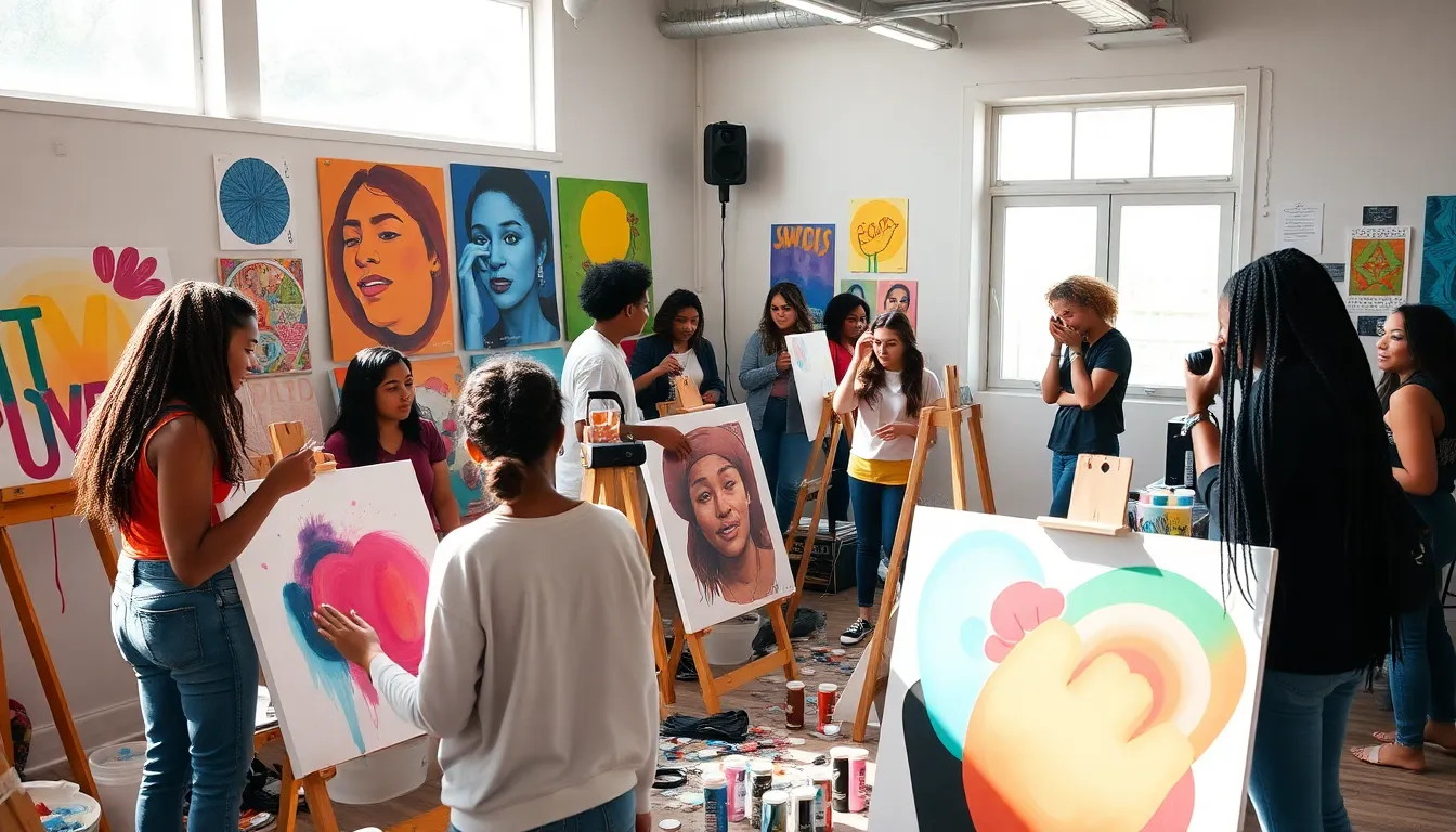 diverse group creating art in a vibrant community space.