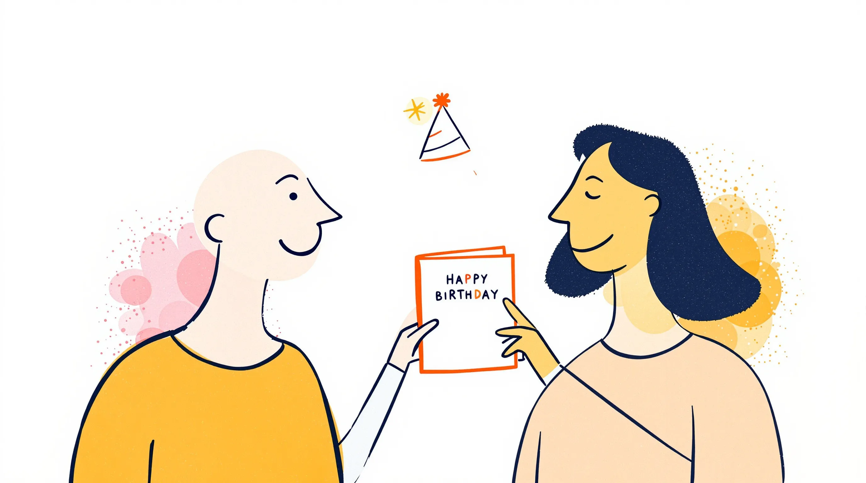 two friends quietly laughing over a shared birthday card