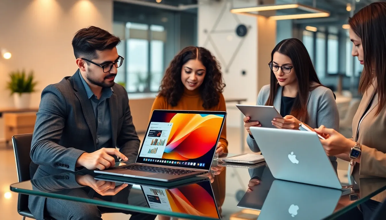 professionals discussing laptop needs in a modern office.
