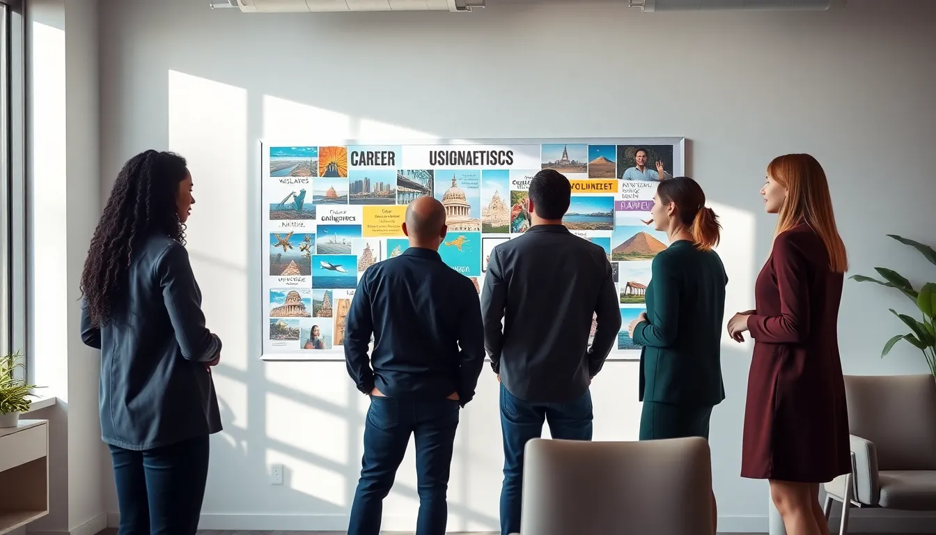 diverse team collaborating around a vision board in a modern workspace.