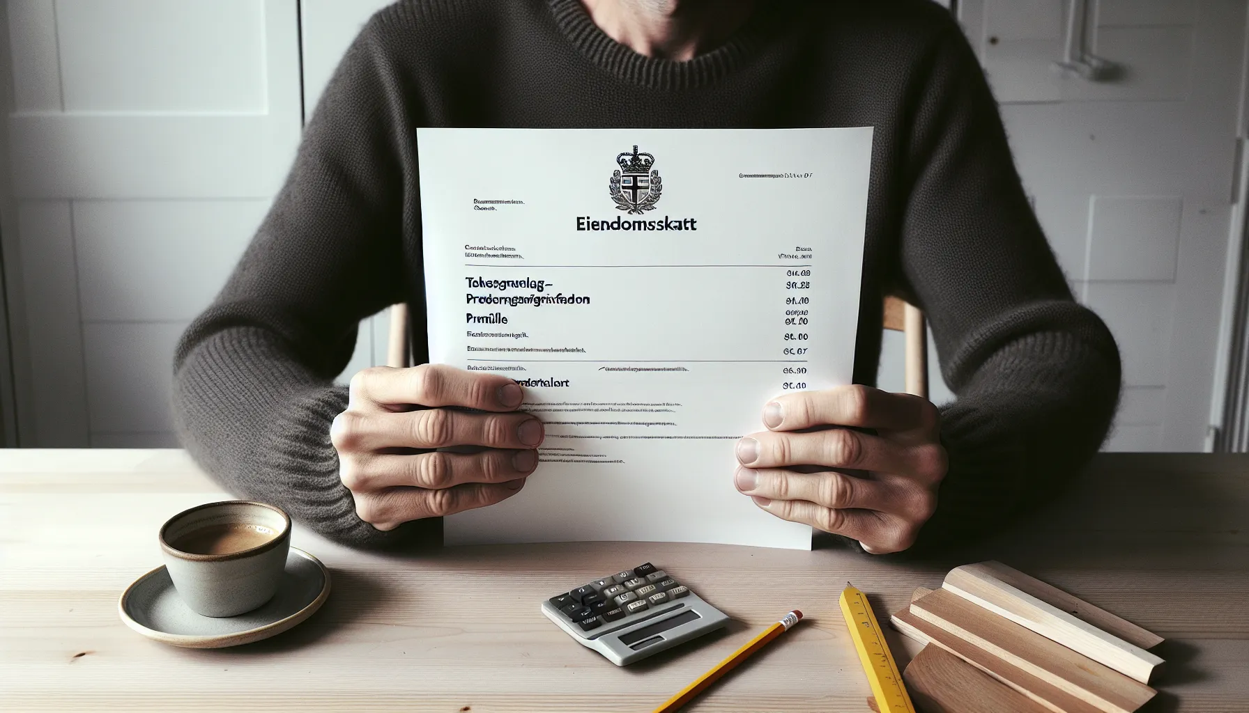 Homeowner reviews norwegian property tax letter with calculator and town buildings outside.