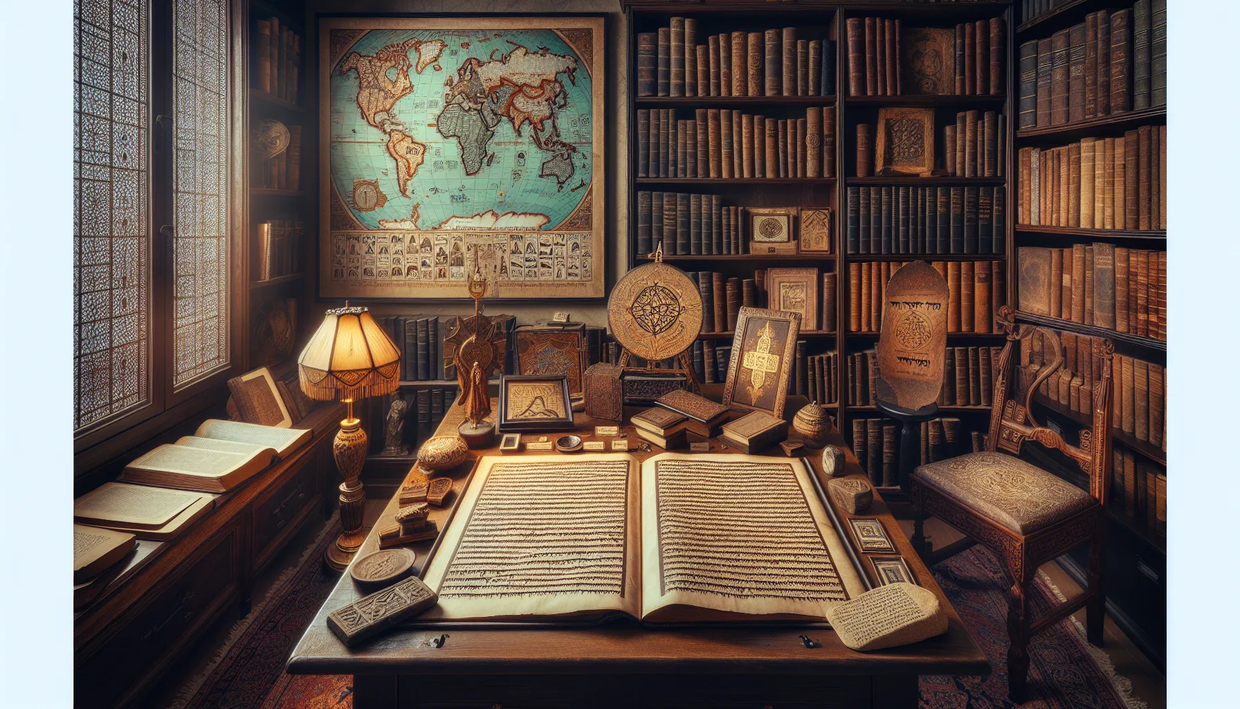 scholarly study space with texts and artifacts of Zoroastrianism and Judaism.