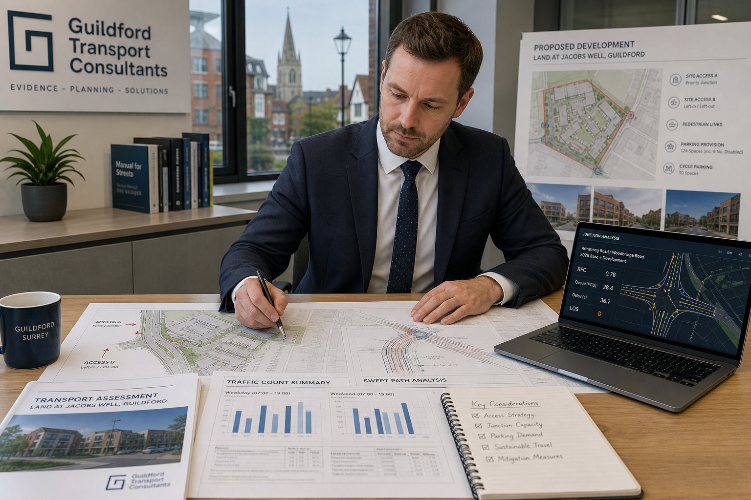 Traffic engineer reviewing development plans and road analysis in a modern office.