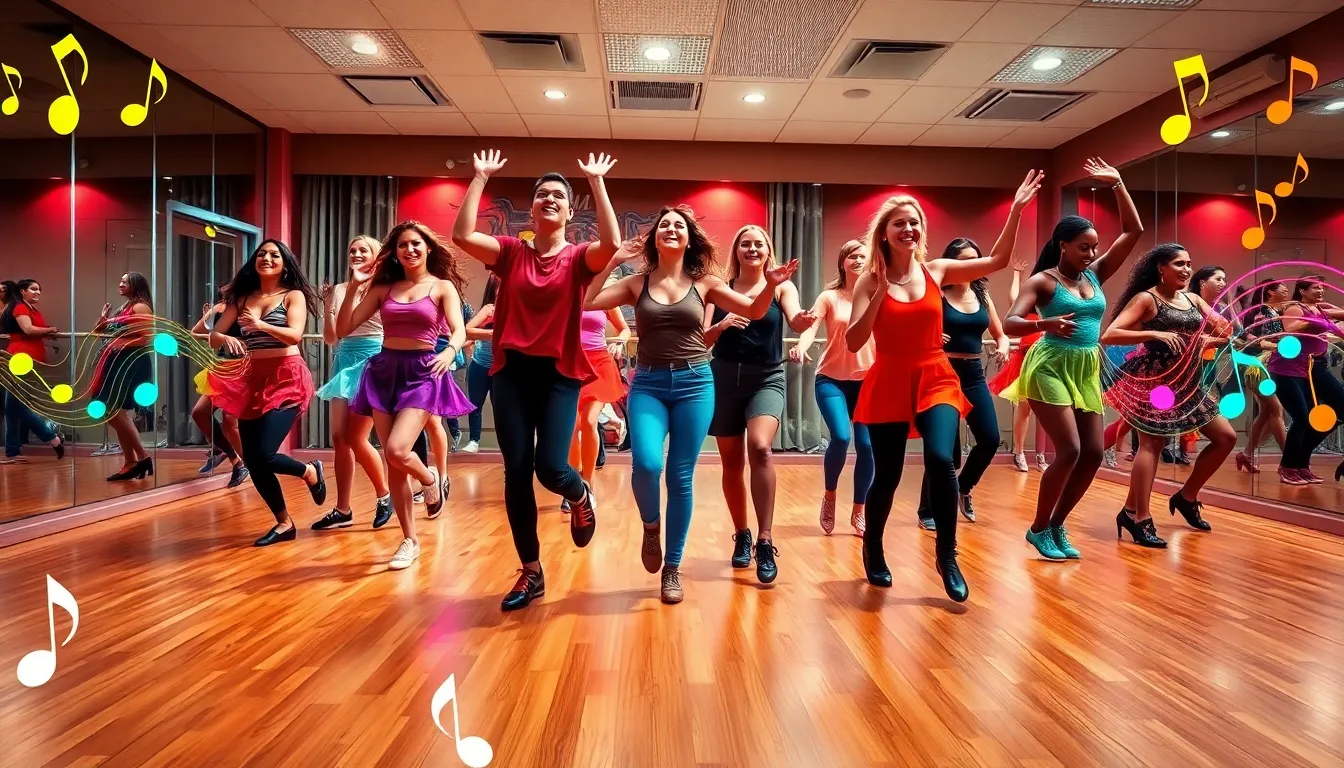 diverse dancers enjoying a vibrant dance session in a modern studio.