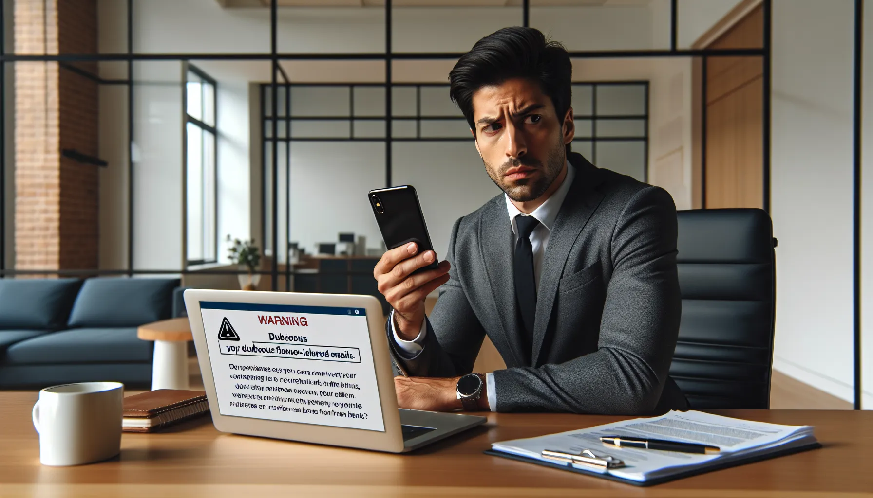 Person examining suspicious loan approval message on phone while working at desk