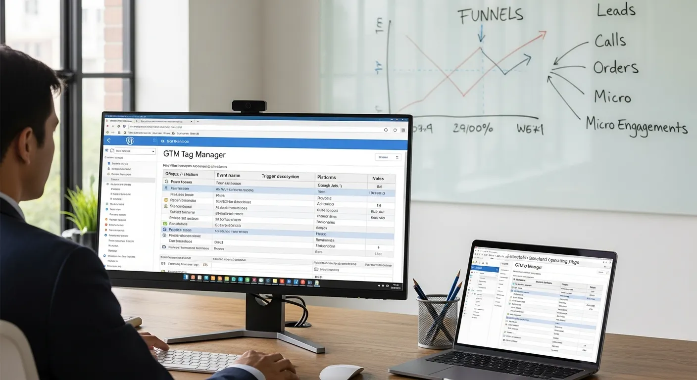 Marketer planning GTM for WordPress tracking strategy using dashboards and a tracking sheet.