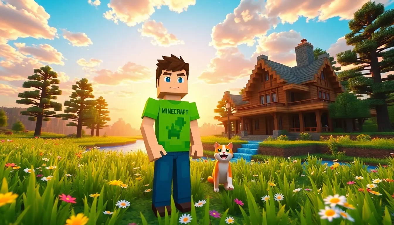 A gamer in a Minecraft landscape with a sunset and colorful flowers.