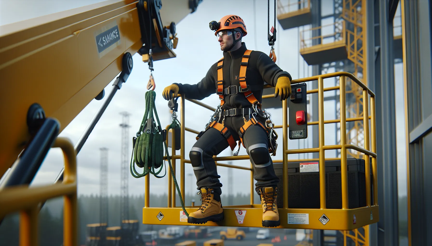 Construction worker in a boom lift wearing full ppe and proper fall protection.
